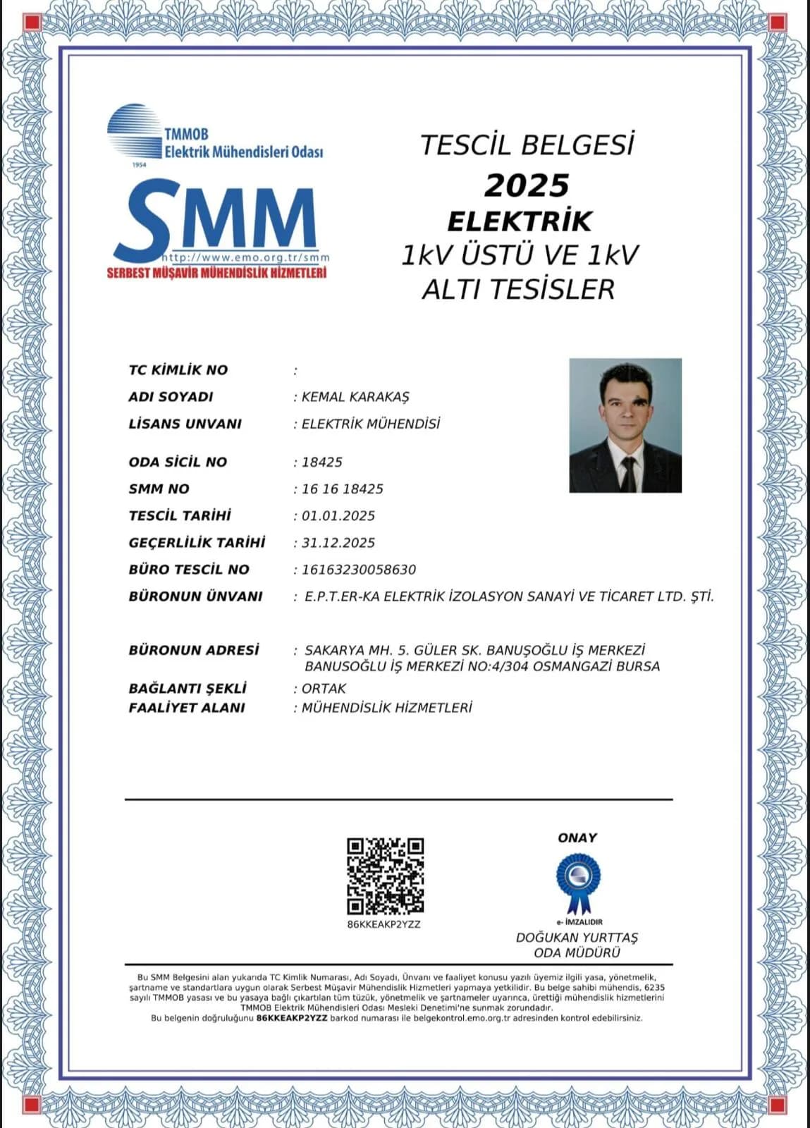 EPTERKA Mühendislik SMM elektrik tesisleri tescil belgesi, 2025