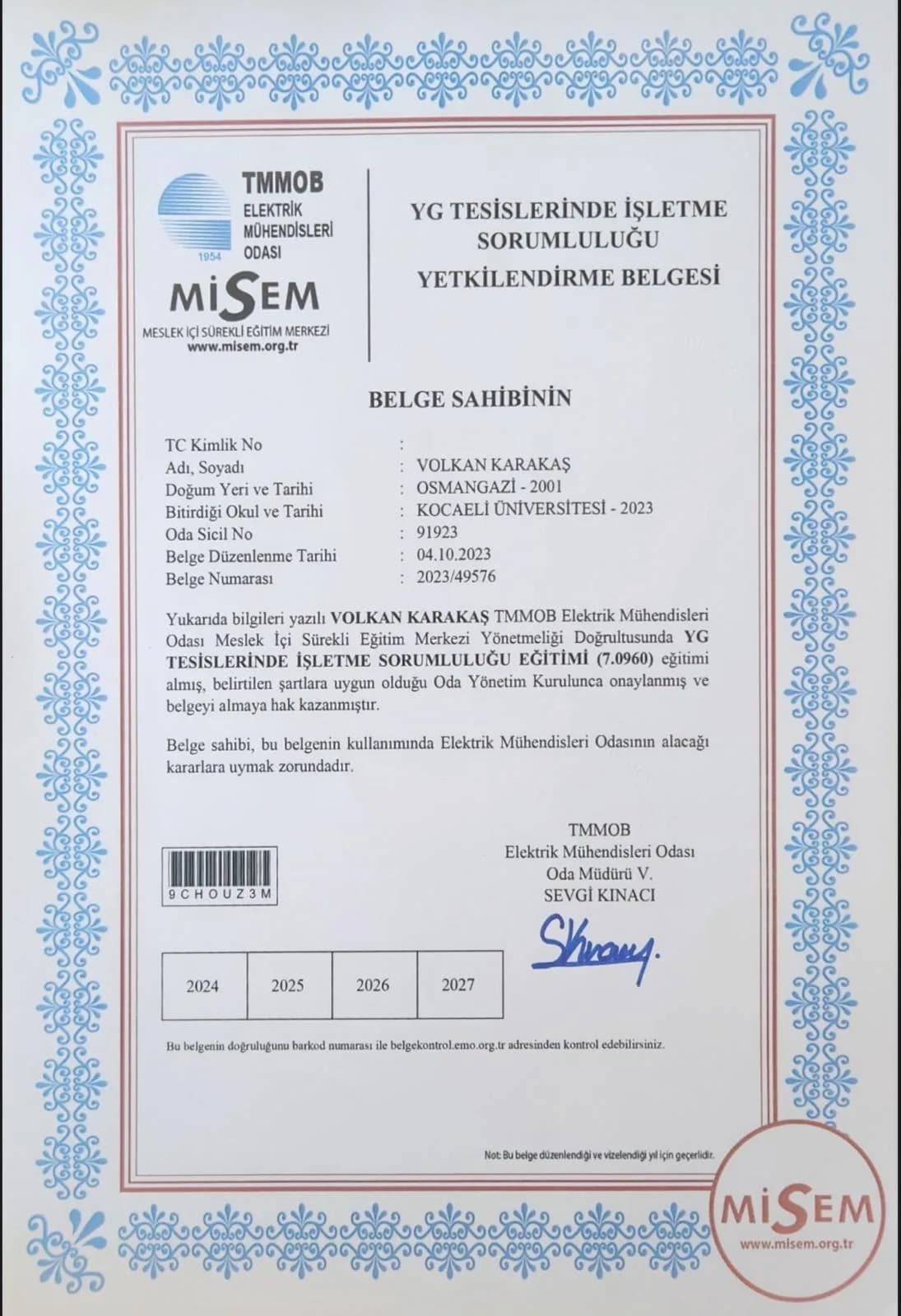 TMMOB Elektrik Mühendisleri Odası YG tesislerinde işletme sorumluluğu yetkilendirme belgesi