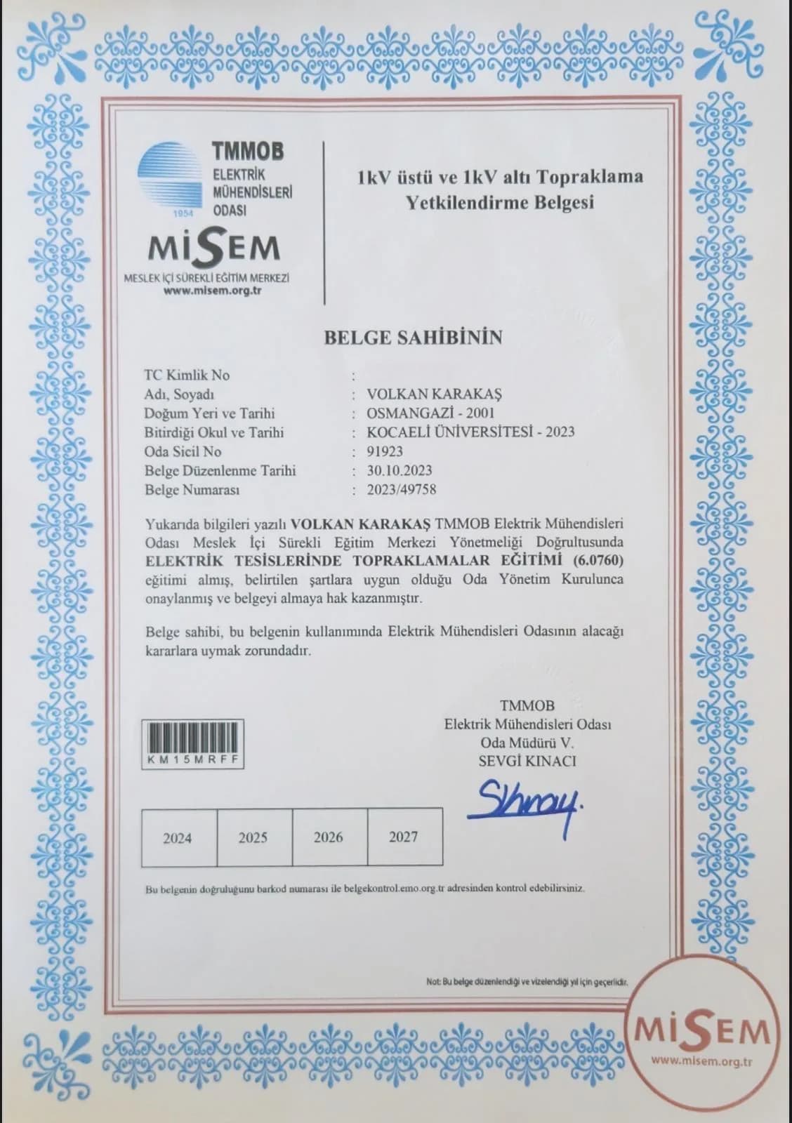 TMMOB Elektrik Mühendisleri Odası 1 kV üstü ve altı topraklama yetkilendirme belgesi